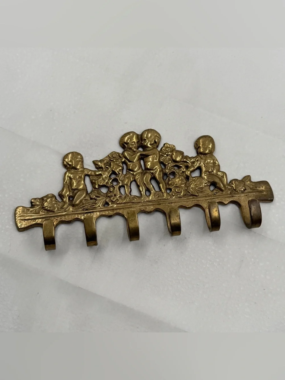 Vintage Solid Brass Cherub and Floral Key Holder